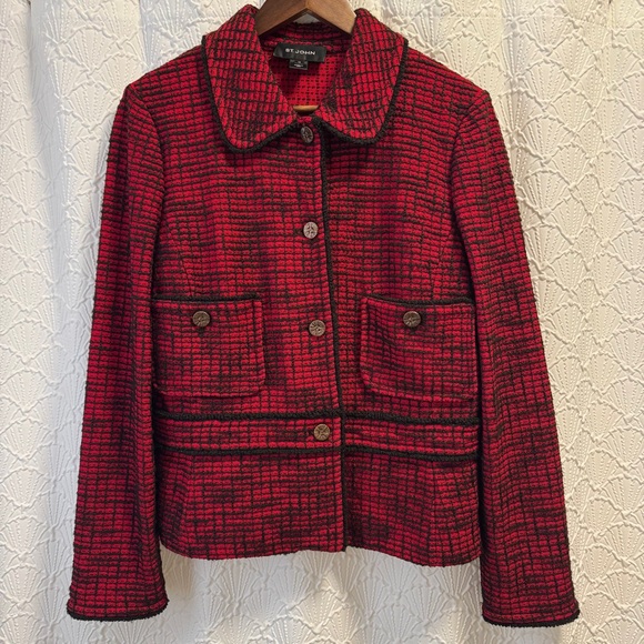 St. John Jackets & Blazers - St. John Black Label Red Black Tweed Knit Button Down Blazer Jacket Size 12 USA